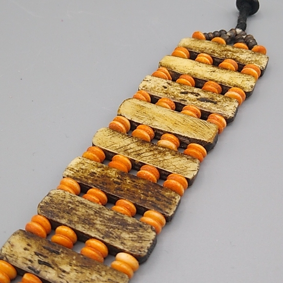 Handmade Engraved Wood & Bead Wide Cuff Bracelet with Black Cord Button Closure - Picture 7 of 12